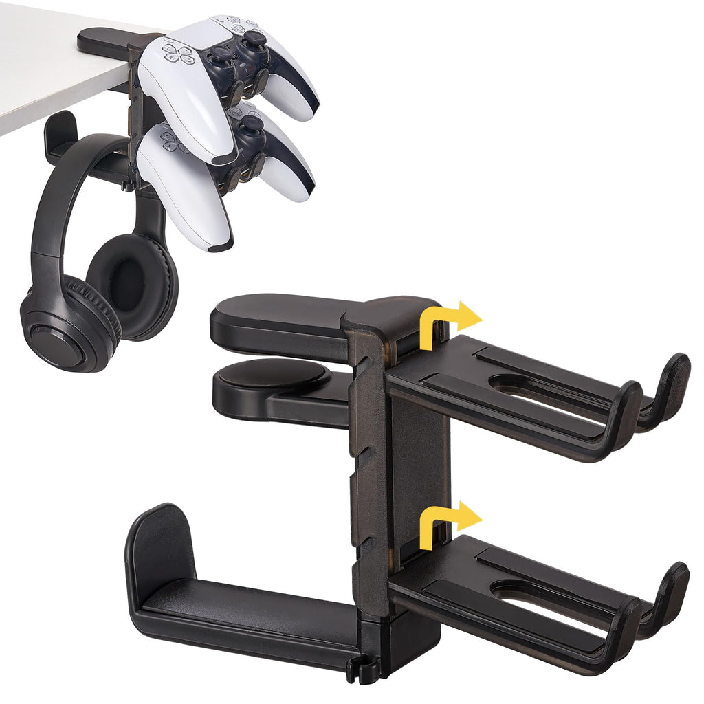 3-in-1 Under Desk Headphone Hanger with Adjustable Clamp Mount 2 Controller Slots & 1 Headset Universal Holder Stand Rotatable Hook Rack & Cable Organizer for Home Gaming Xbox ps5 - Black