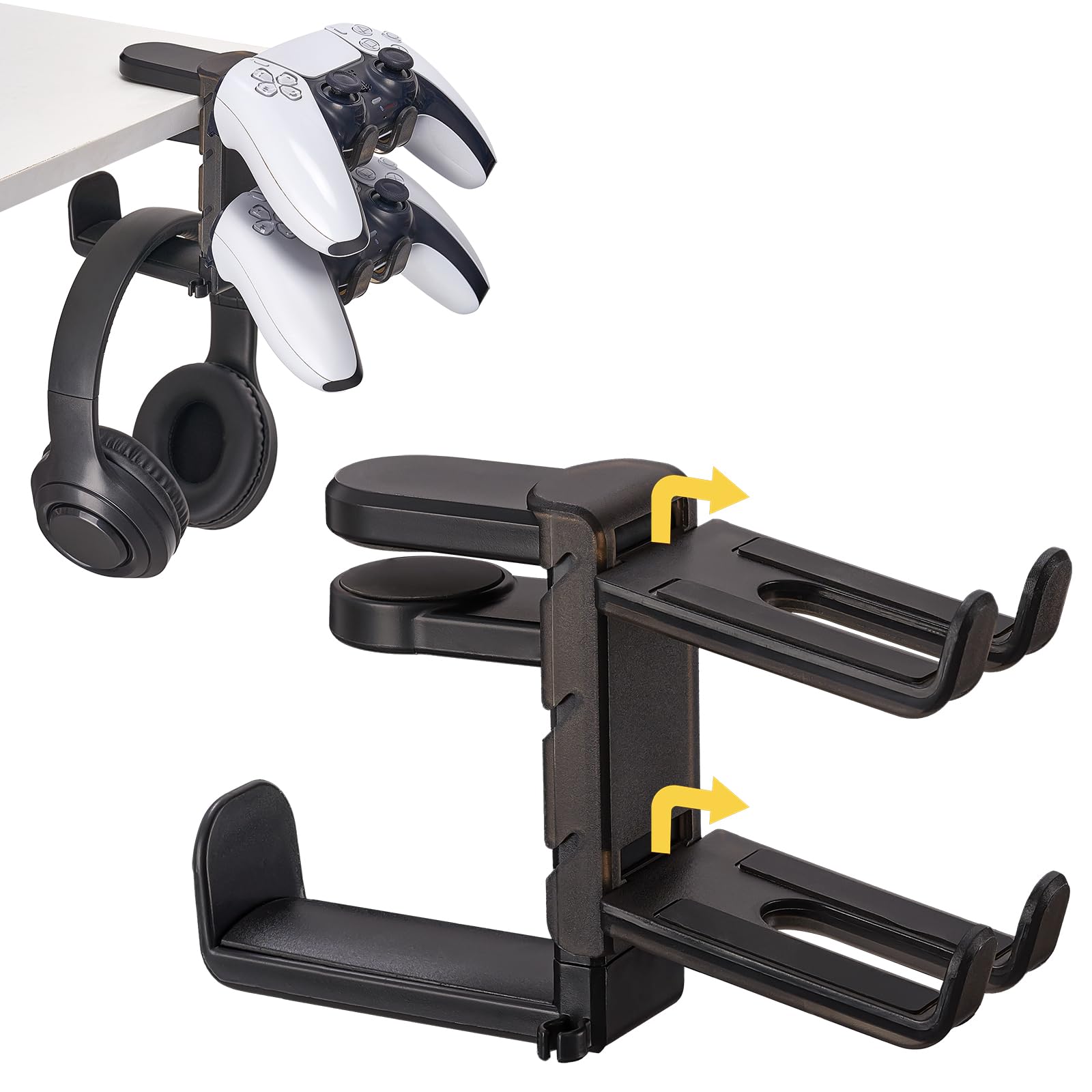 3-in-1 Under Desk Headphone Hanger with Adjustable Clamp Mount 2 Controller Slots & 1 Headset Universal Holder Stand Rotatable Hook Rack & Cable Organizer for Home Gaming Xbox ps5 - Black